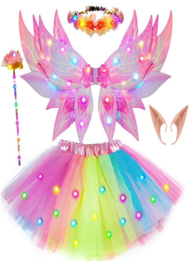 G.C 6pcs Girls Fairy Wings Costume Kids Toddler Light Up LED Butterfly Wings with Fairy Ears Wand Crown Tutu Halloween Princess Dress Up Gifts (Pink) - Image 1